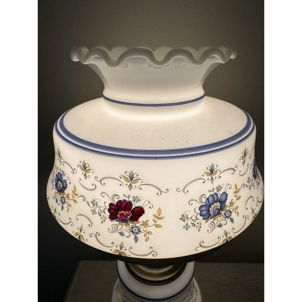 Vintage Quoizel Model 1960 Gone with the Wind Lamp Blue Floral Milk Glass Parlor